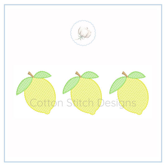 Machine Embroidery design Cotton Stitch Designs Three embroidered lemons on a white card with 'Cotton Stitch Designs' text.