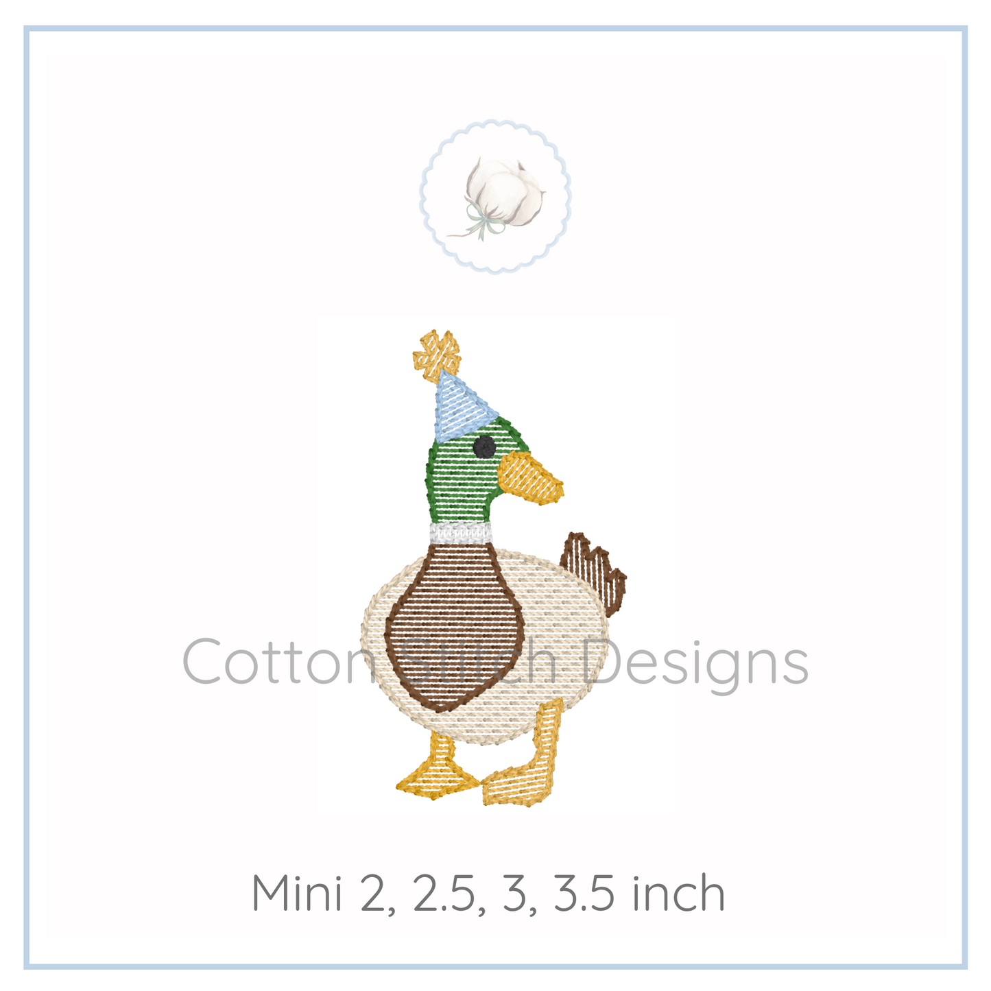Machine Embroidery design Cotton Stitch Designs Embroidered duck design with a hat on a white background, featuring the brand 'Cotton Stitch Designs'.