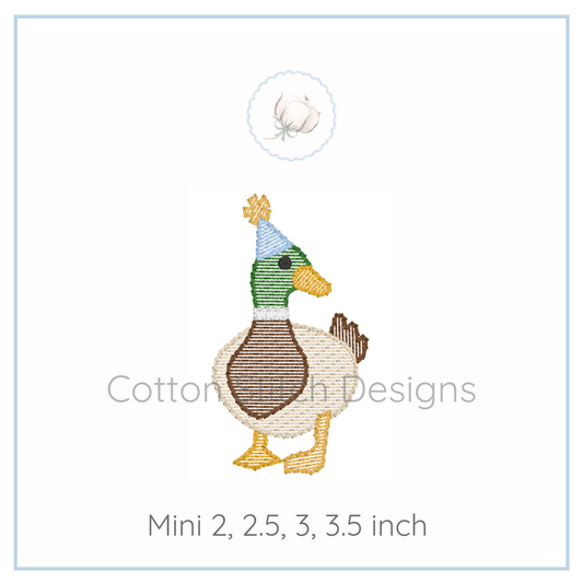 Machine Embroidery design Cotton Stitch Designs Embroidered duck design with a hat on a white background, featuring the brand 'Cotton Stitch Designs'.