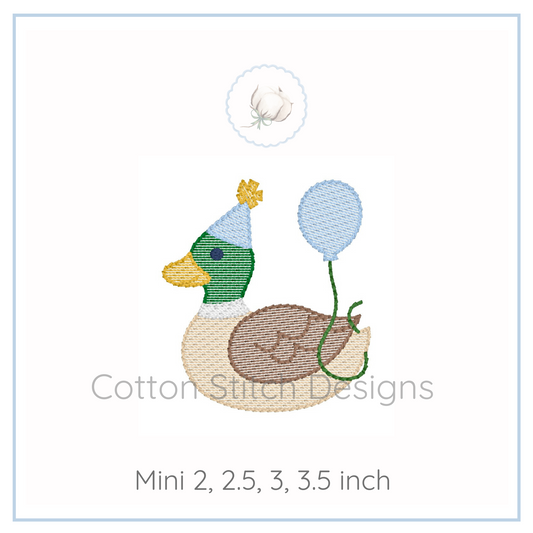 Machine Embroidery design Cotton Stitch Designs Embroidery design of a duck with a balloon and flower, brand 'Cotton Stitch Designs' visible.