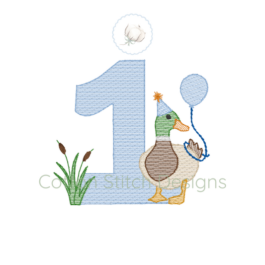 Machine Embroidery design Cotton Stitch Designs Embroidery design with number '1' and duck holding a balloon on a white background