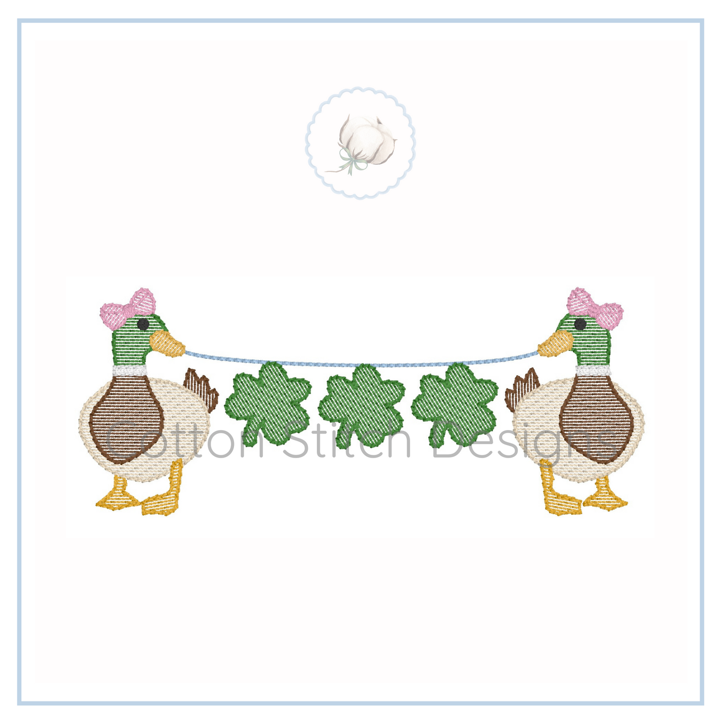 Machine Embroidery design Cotton Stitch Designs Embroidered design of two ducks with green clover leaves on a white background