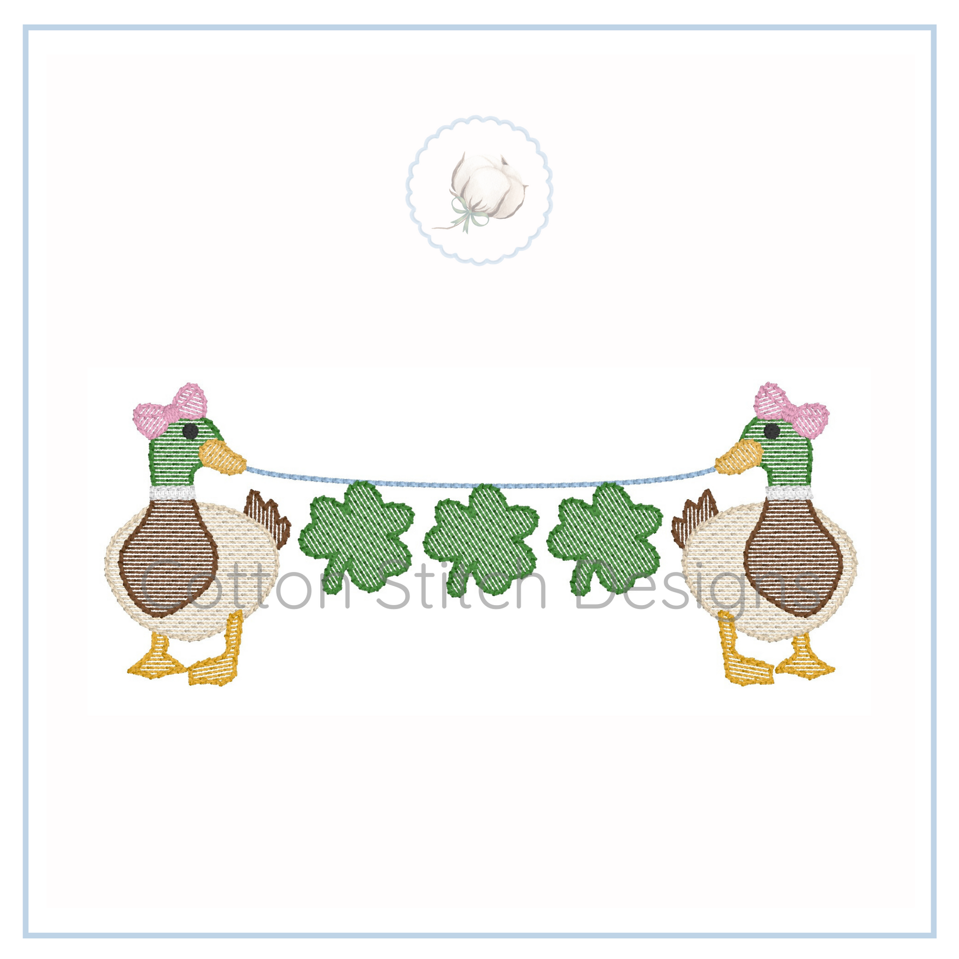 Machine Embroidery design Cotton Stitch Designs Embroidered design of two ducks with green clover leaves on a white background