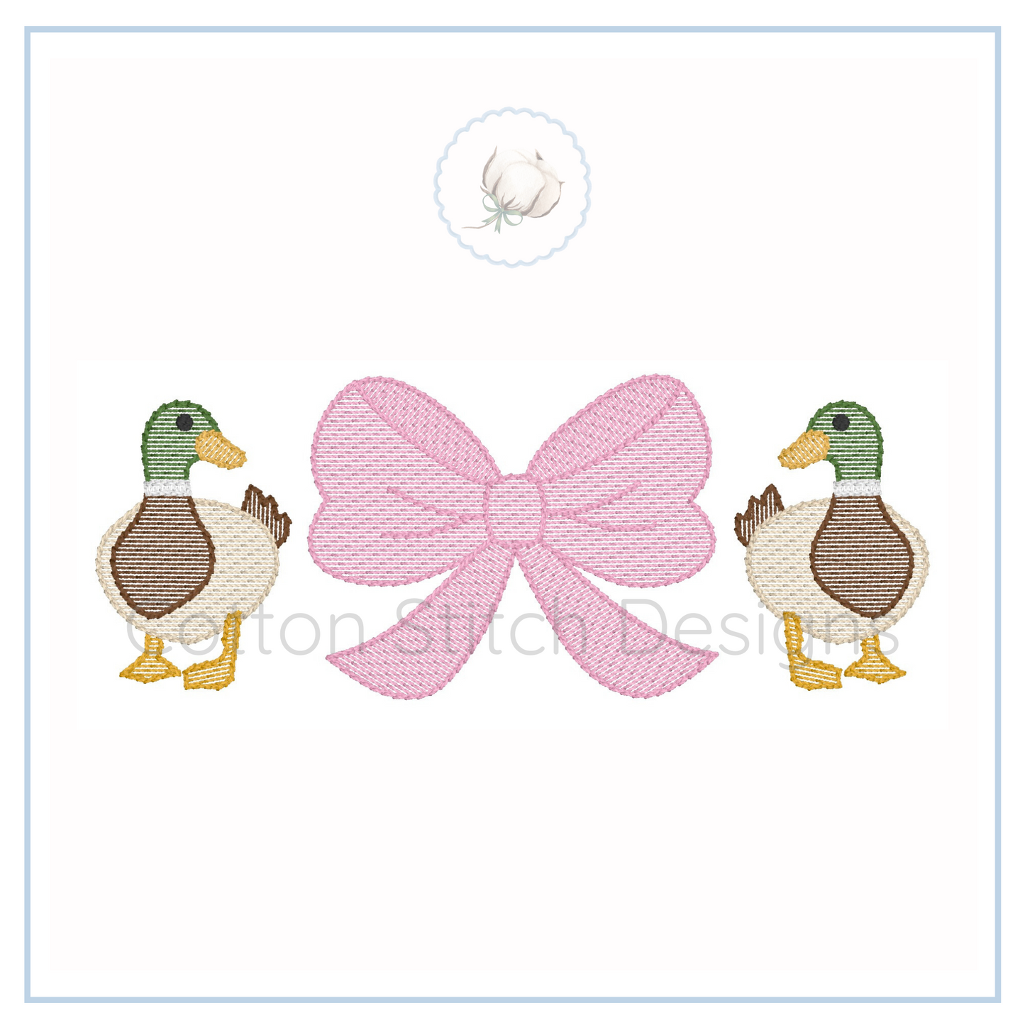 Machine Embroidery design Cotton Stitch Designs Two embroidered ducks flanking a pink bow on a white background