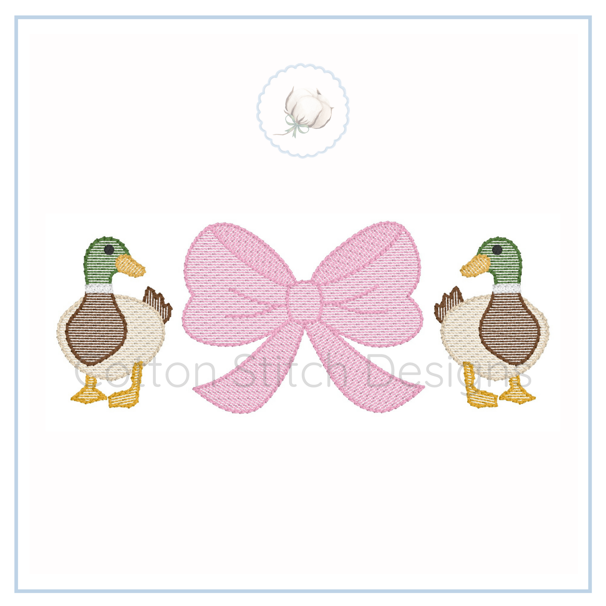 Machine Embroidery design Cotton Stitch Designs Two embroidered ducks flanking a pink bow on a white background