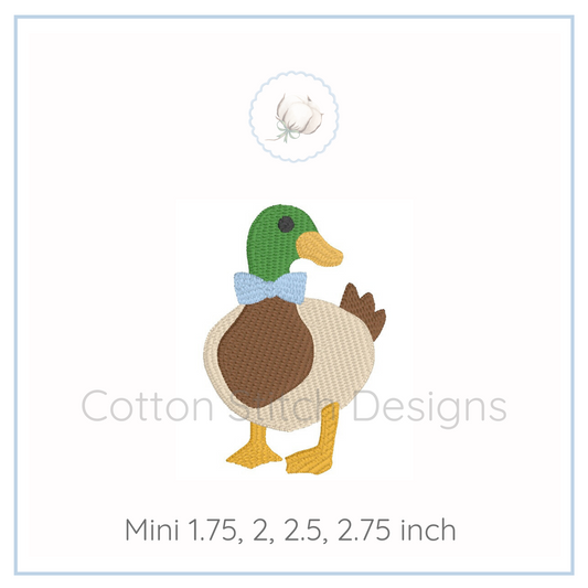 Machine Embroidery design Cotton Stitch Designs Embroidery design of a duck with a bow tie on a white background.