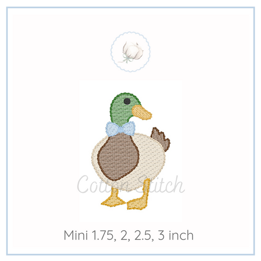 Machine Embroidery design Cotton Stitch Designs Embroidered duck design with a bow tie on a white background.