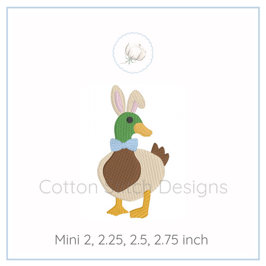 Machine Embroidery design Cotton Stitch Designs Embroidery design of a duck with bunny ears on a white background, branded 'Cotton and Designs'.