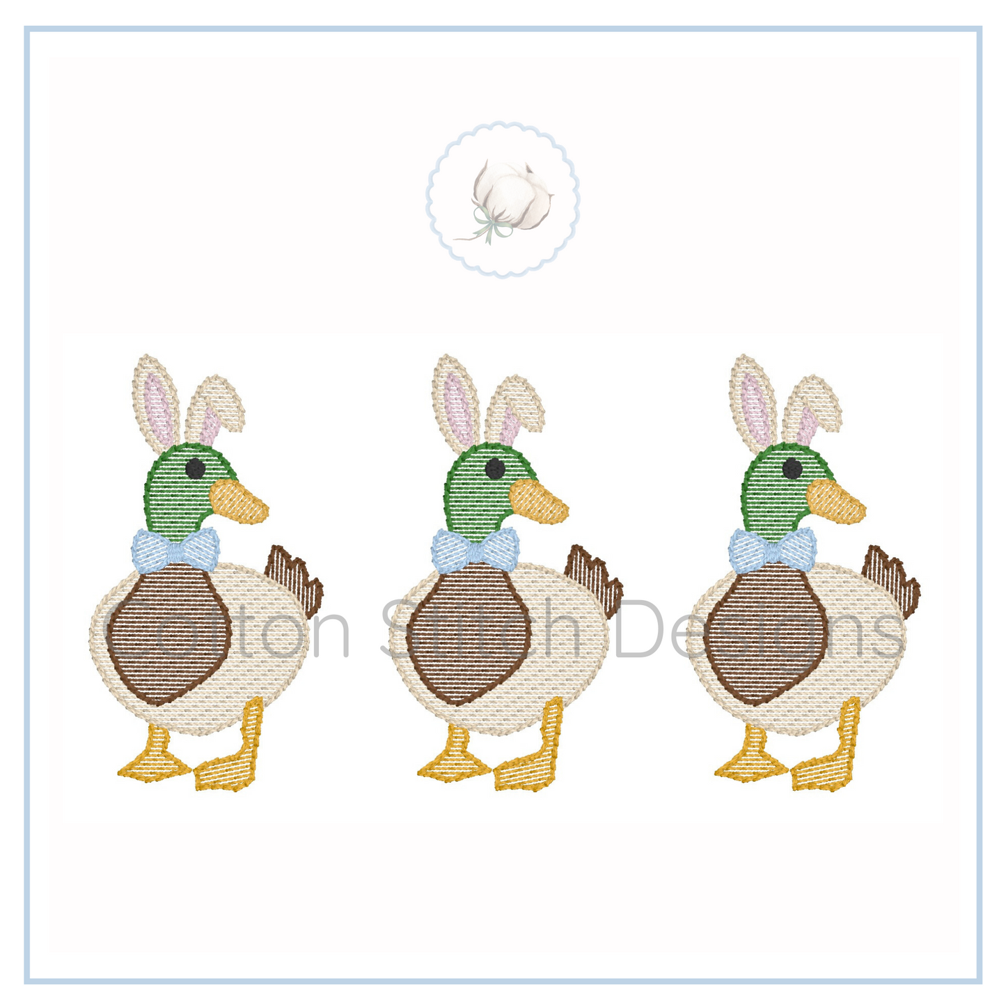 Machine Embroidery design Cotton Stitch Designs Three embroidered ducks with bunny ears and bow ties on a white background