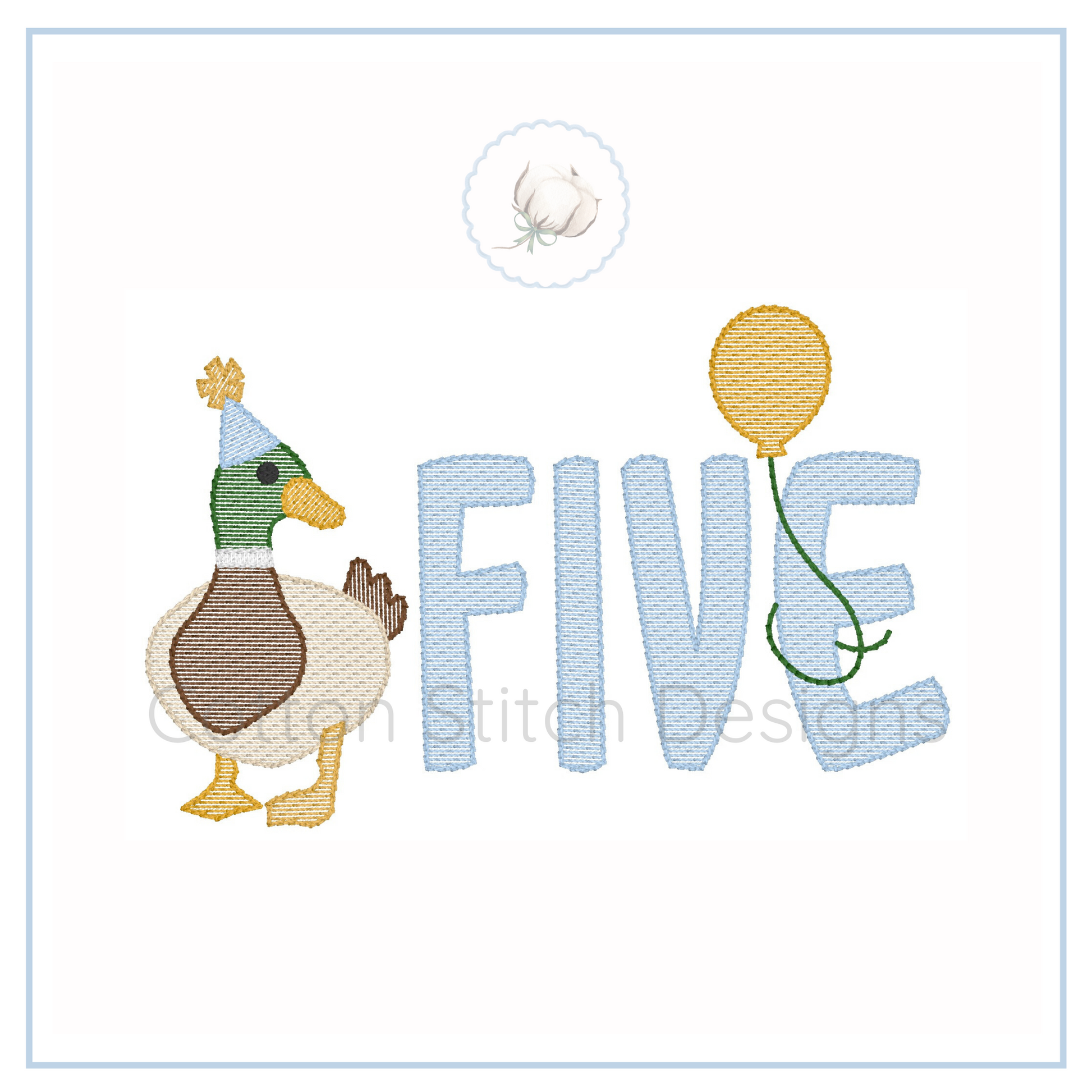 Machine Embroidery design Cotton Stitch Designs Embroidery design with a duck and balloon next to the word 'FIVE' on a white background.
