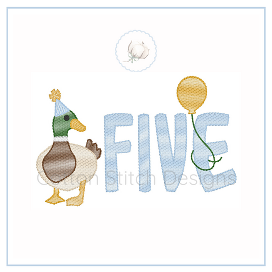 Machine Embroidery design Cotton Stitch Designs Embroidery design with a duck and balloon next to the word 'FIVE' on a white background.