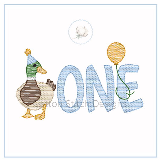 Machine Embroidery design Cotton Stitch Designs Embroidery design with a duck wearing a party hat and holding a balloon, next to the word 'ONE'.