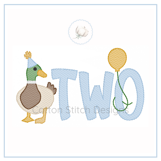 Machine Embroidery design Cotton Stitch Designs Embroidery design with a duck and the word 'TWO' on a white background