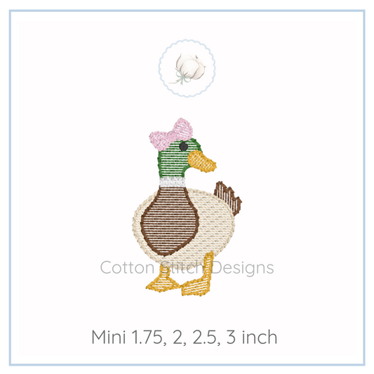 Machine Embroidery design Cotton Stitch Designs Embroidered duck design with a bow on a white background, featuring Cotton Stitch Designs branding.