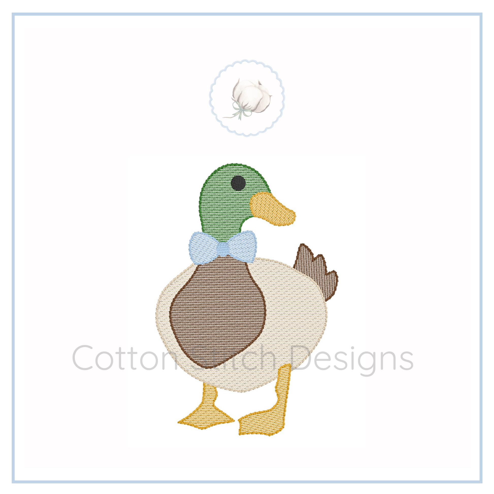 Machine Embroidery design Cotton Stitch Designs Embroidered duck design with a bow tie on a white background, credited to Cotton Stitch Designs.