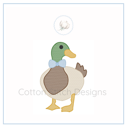 Machine Embroidery design Cotton Stitch Designs Embroidered duck design with a bow tie on a white background, credited to Cotton Stitch Designs.