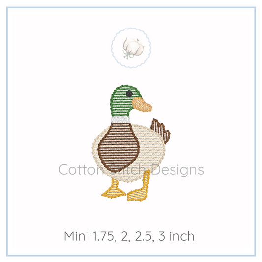 Machine Embroidery design Cotton Stitch Designs Embroidered duck design with size options on a white background