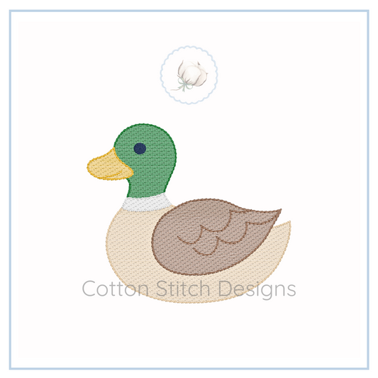 Machine Embroidery design Cotton Stitch Designs Embroidered duck design with 'Cotton Stitch Designs' branding on a white background