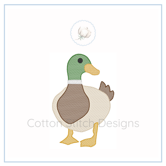 Machine Embroidery design Cotton Stitch Designs Embroidered duck design on a white background with 'Cotton Stitch Designs' branding.