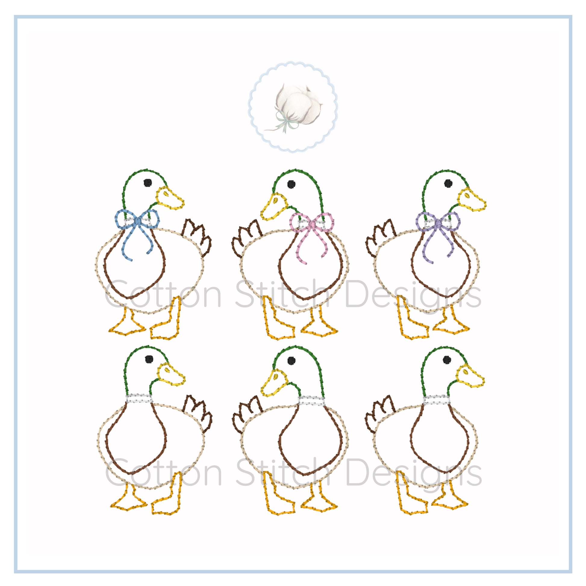 Machine Embroidery design Cotton Stitch Designs Five embroidered ducks with colorful bows on a white background, featuring Cotton Stitch Designs logo.