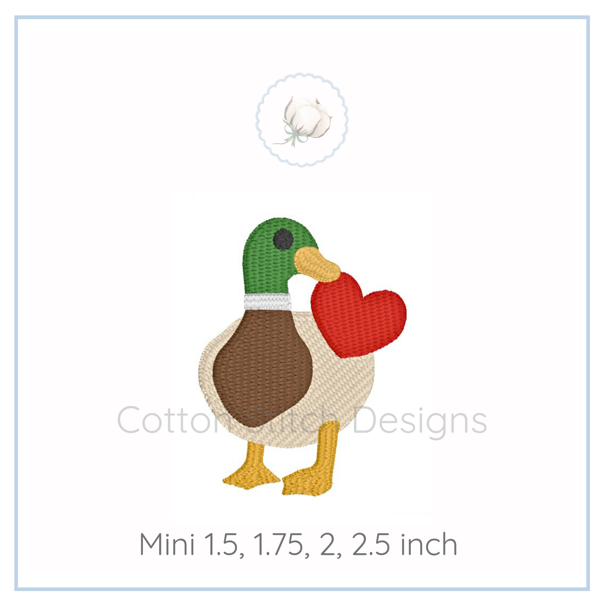 Machine Embroidery design Cotton Stitch Designs Embroidered duck with a red heart on a white background, brand 'Cotton and Steel Designs' visible.