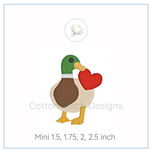 Machine Embroidery design Cotton Stitch Designs Embroidered duck with a red heart on a white background, brand 'Cotton and Steel Designs' visible.