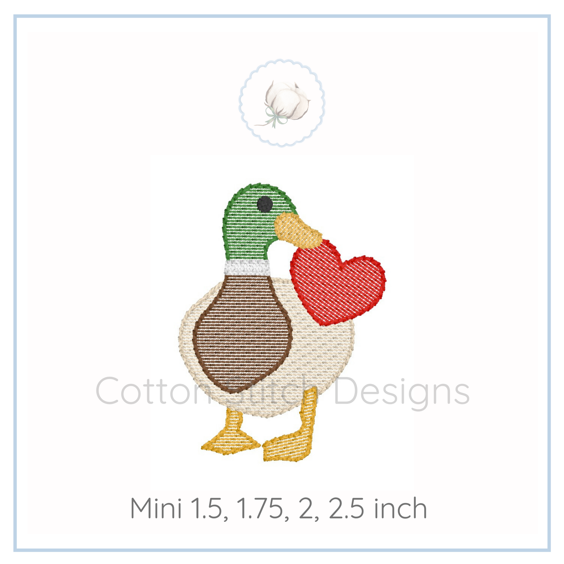 Machine Embroidery design Cotton Stitch Designs Embroidered duck holding a heart with size options displayed.