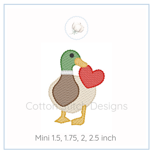 Machine Embroidery design Cotton Stitch Designs Embroidered duck holding a heart with size options displayed.