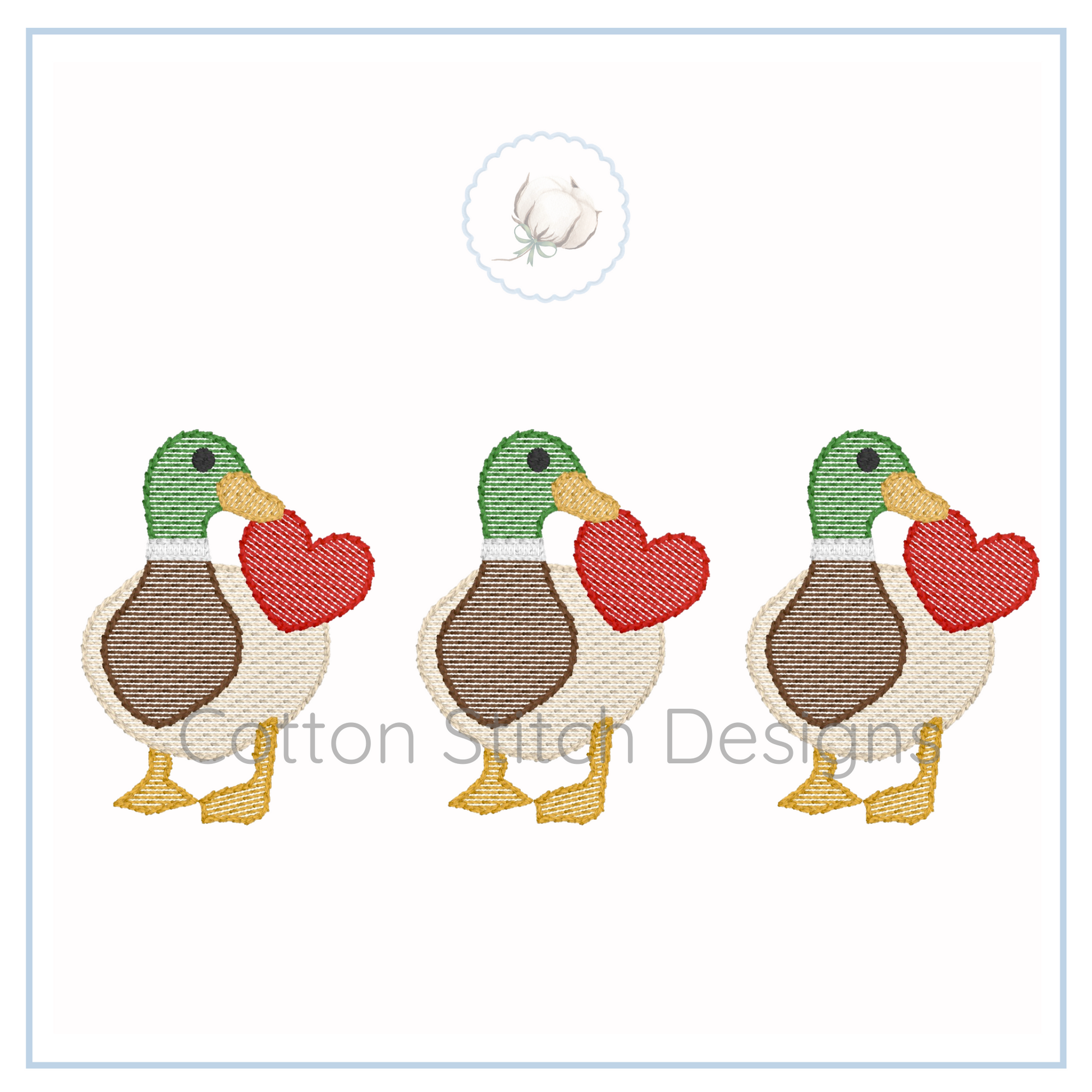 Machine Embroidery design Cotton Stitch Designs Three cartoon ducks holding red hearts on a white background with 'Botton Stitch Designs' branding.