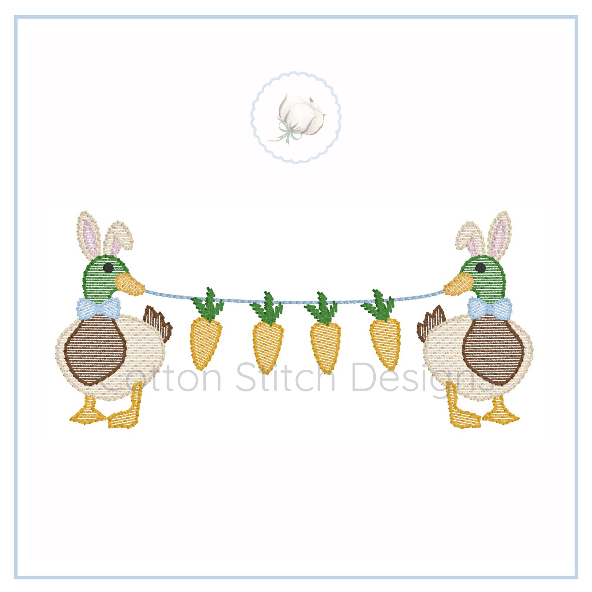 Machine Embroidery design Cotton Stitch Designs Embroidery design of two ducks with bunny ears and carrots on a string against a white background.