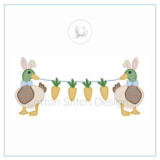 Machine Embroidery design Cotton Stitch Designs Embroidery design of two ducks with bunny ears and carrots on a string against a white background.