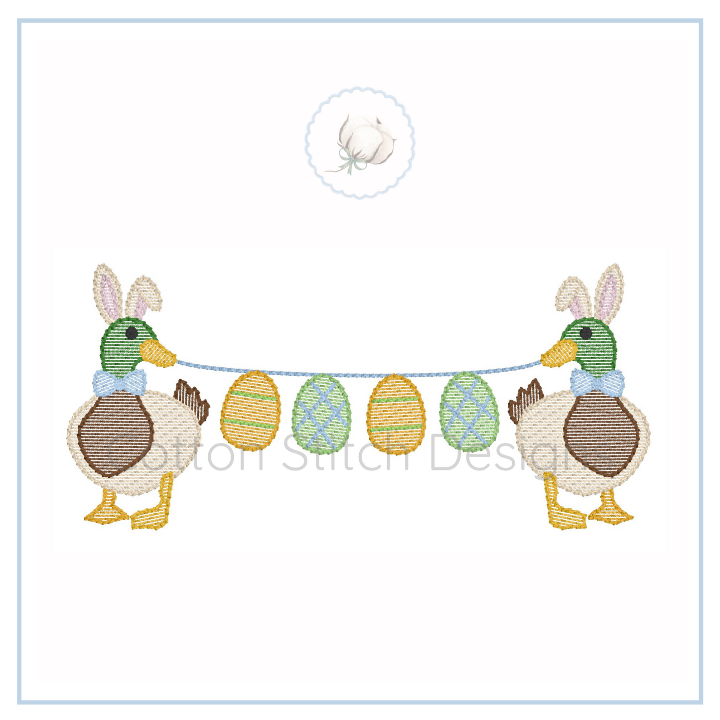 Machine Embroidery design Cotton Stitch Designs Two ducks with bunny ears holding a string with Easter eggs on a white background