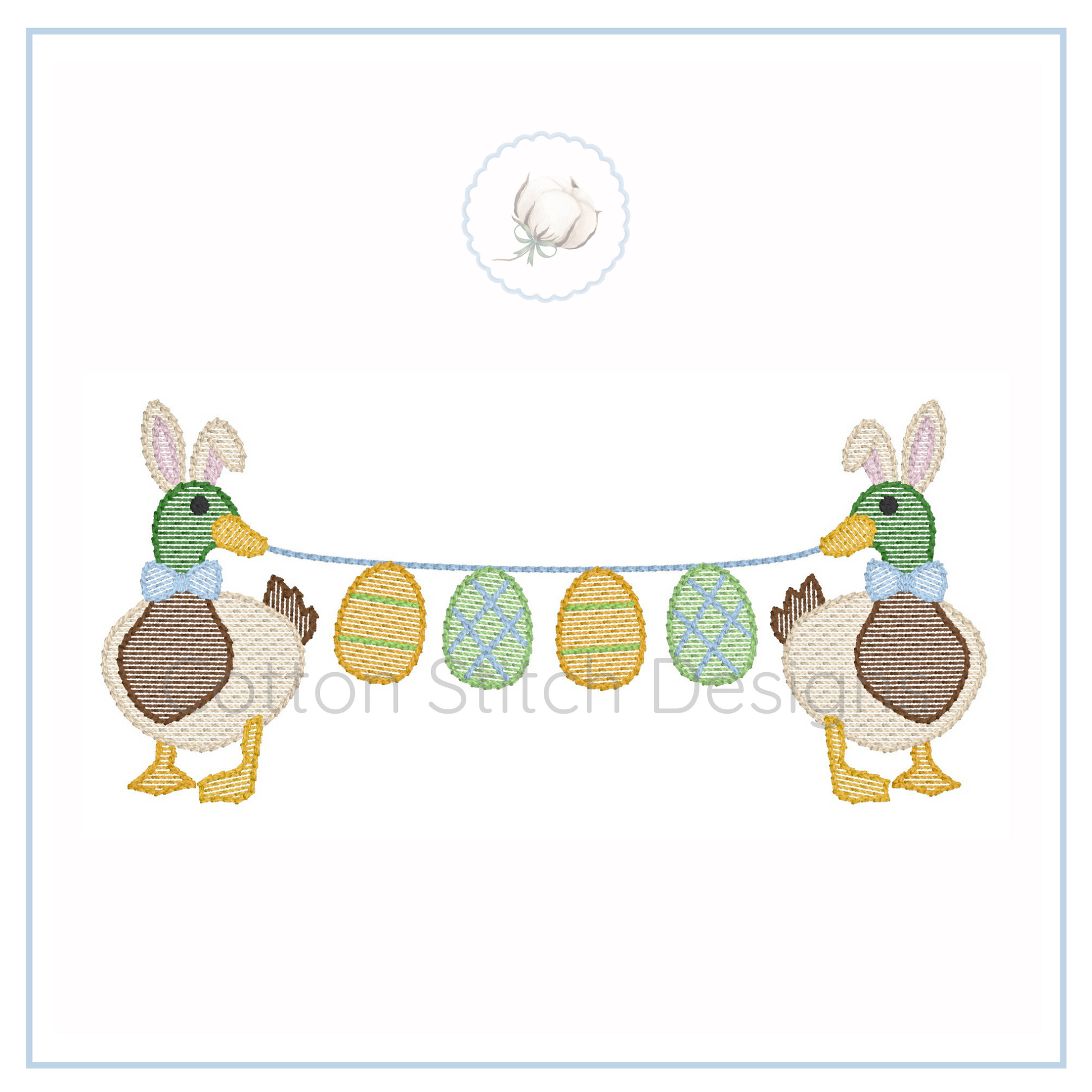 Machine Embroidery design Cotton Stitch Designs Two ducks with bunny ears holding a string with Easter eggs on a white background