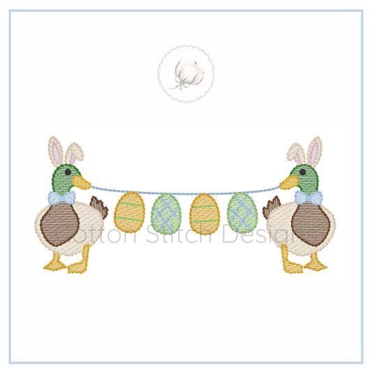 Machine Embroidery design Cotton Stitch Designs Two ducks with bunny ears holding a string with Easter eggs on a white background