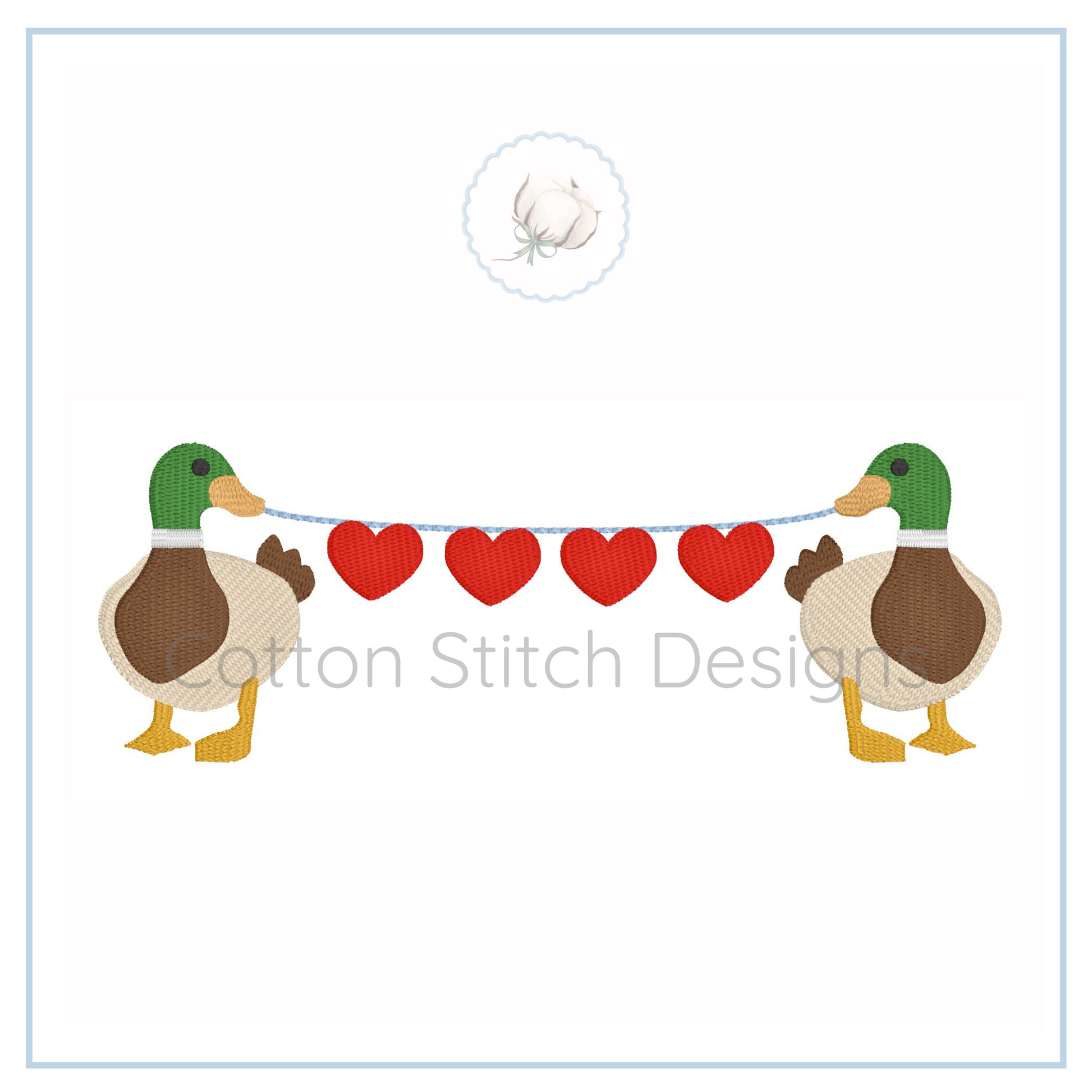 Machine Embroidery design Cotton Stitch Designs Two ducks holding a string with red hearts and 'Cotton Stitch Design' text.