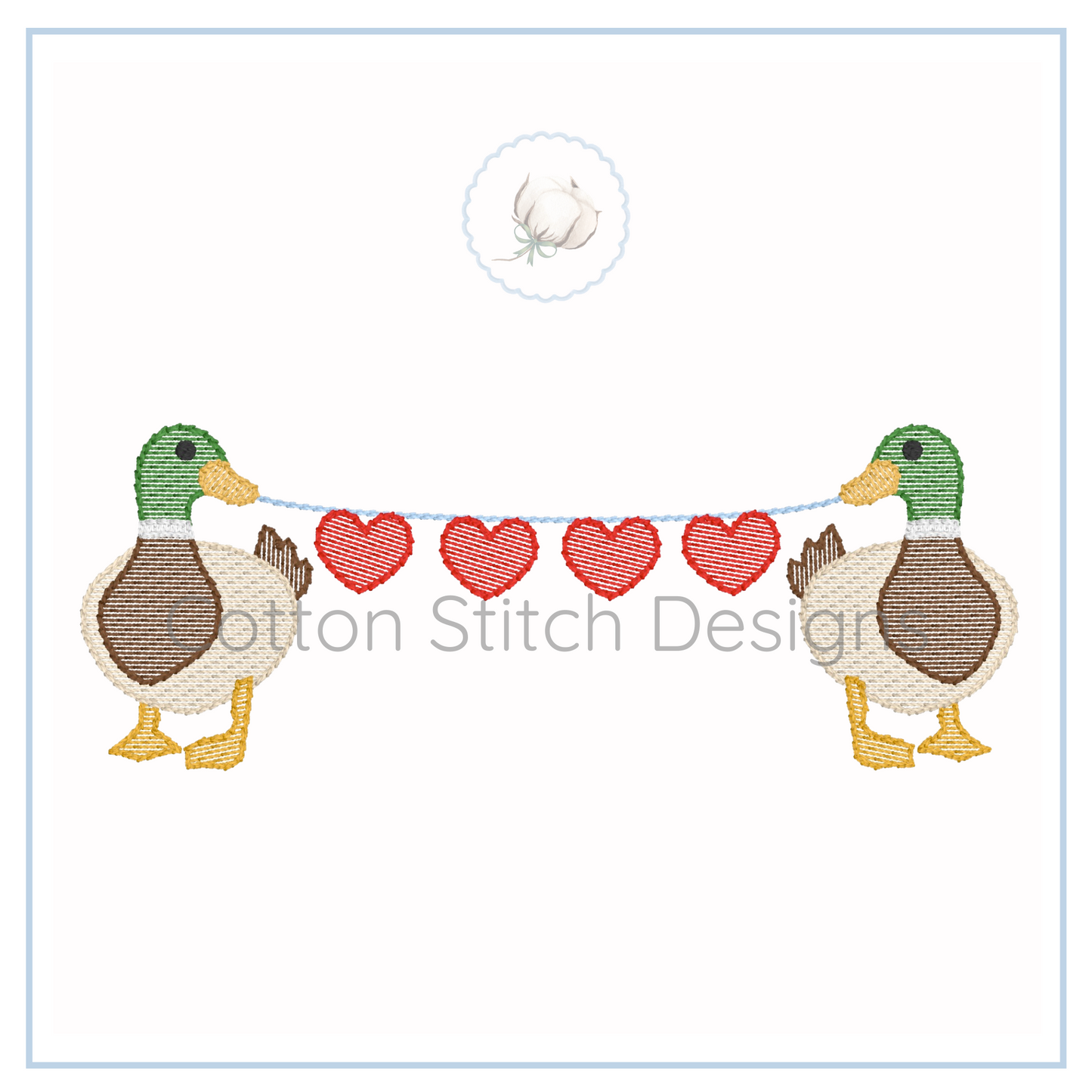 Machine Embroidery design Cotton Stitch Designs Two ducks holding a string with red hearts and 'Cotton Stitch Design' text.