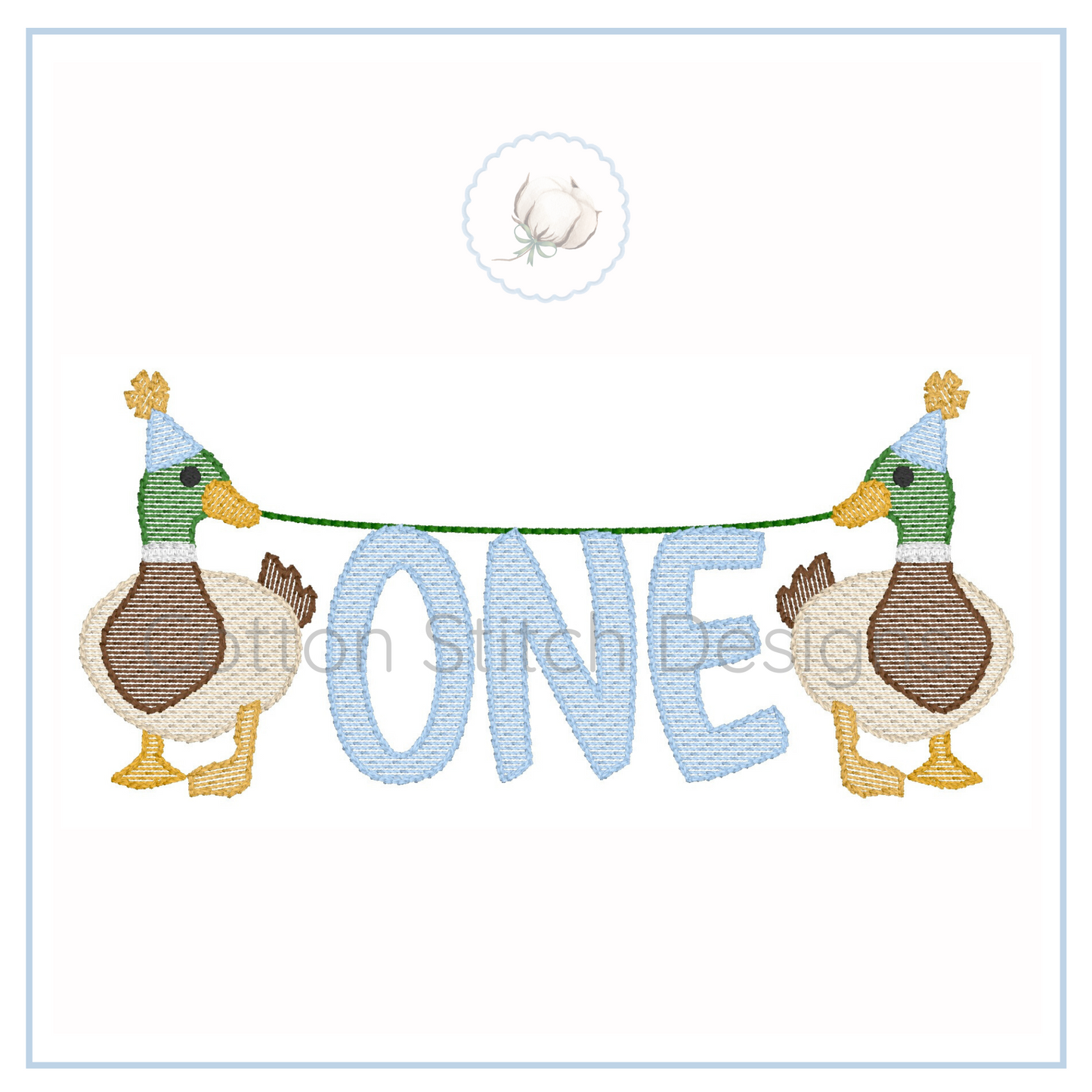Machine Embroidery design Cotton Stitch Designs Two ducks holding a banner with the word 'ONE' on a white background