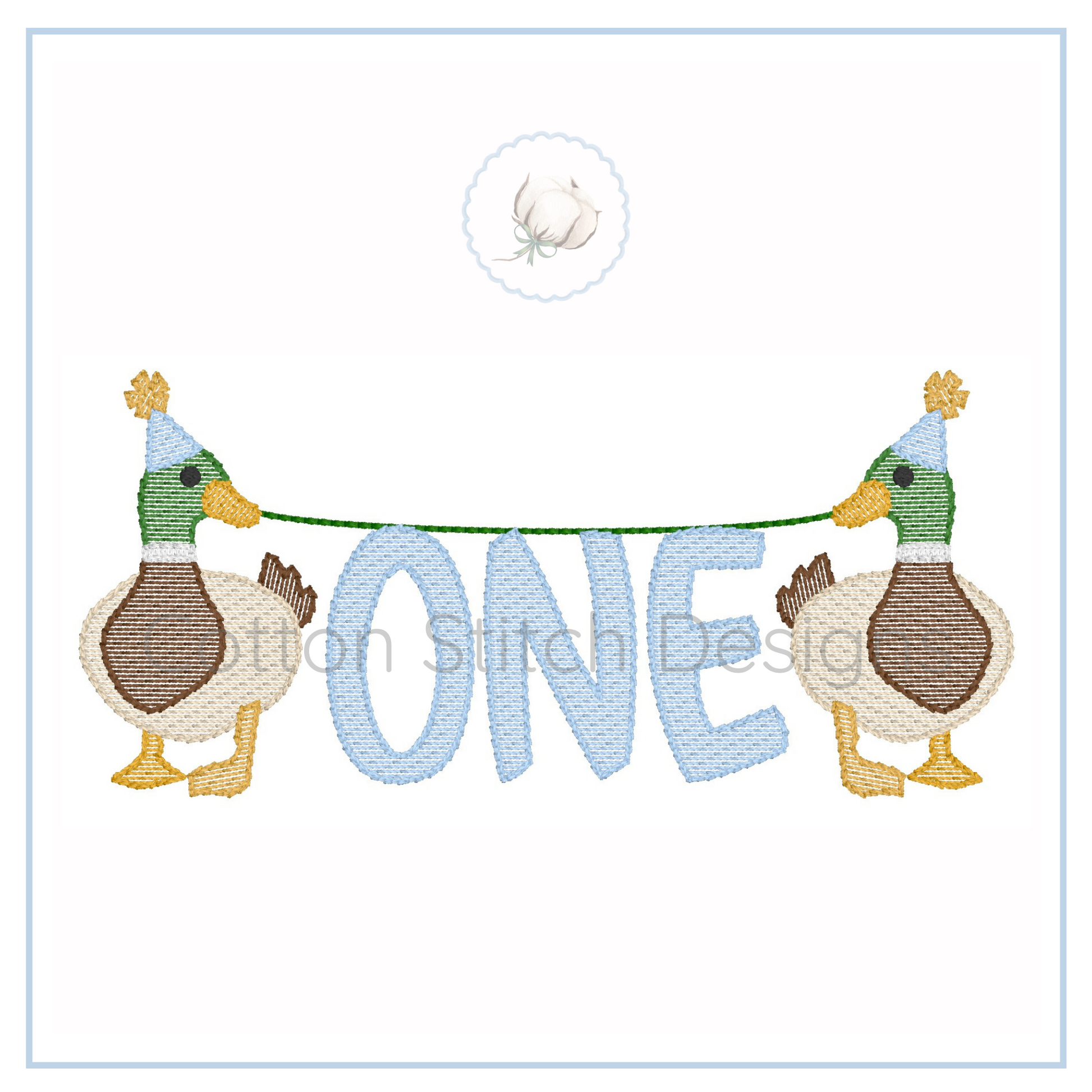 Machine Embroidery design Cotton Stitch Designs Two ducks holding a banner with the word 'ONE' on a white background
