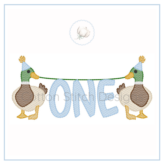 Machine Embroidery design Cotton Stitch Designs Two ducks holding a banner with the word 'ONE' on a white background