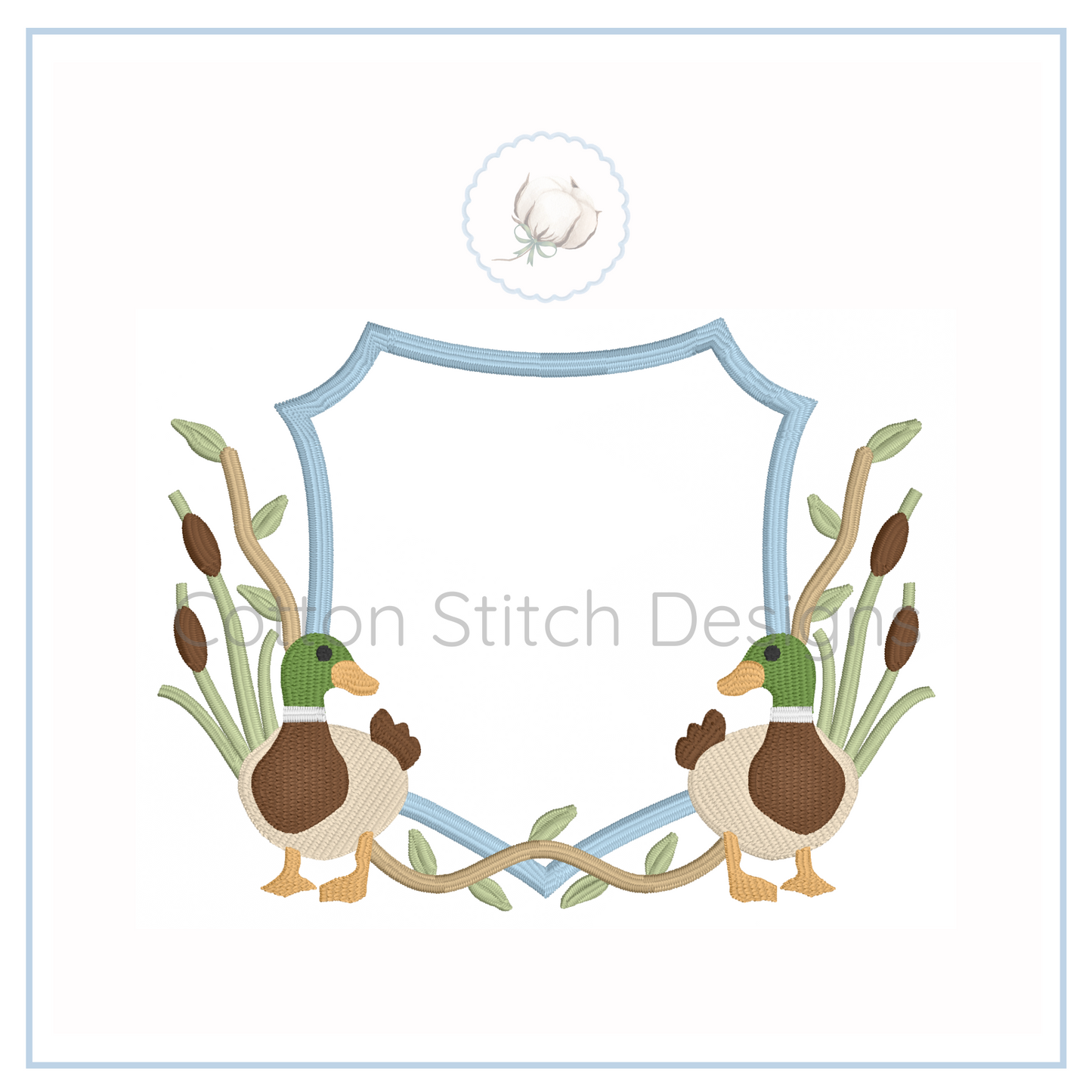 Machine Embroidery design Cotton Stitch Designs Two ducks with reeds crest and a blue frame on a white background