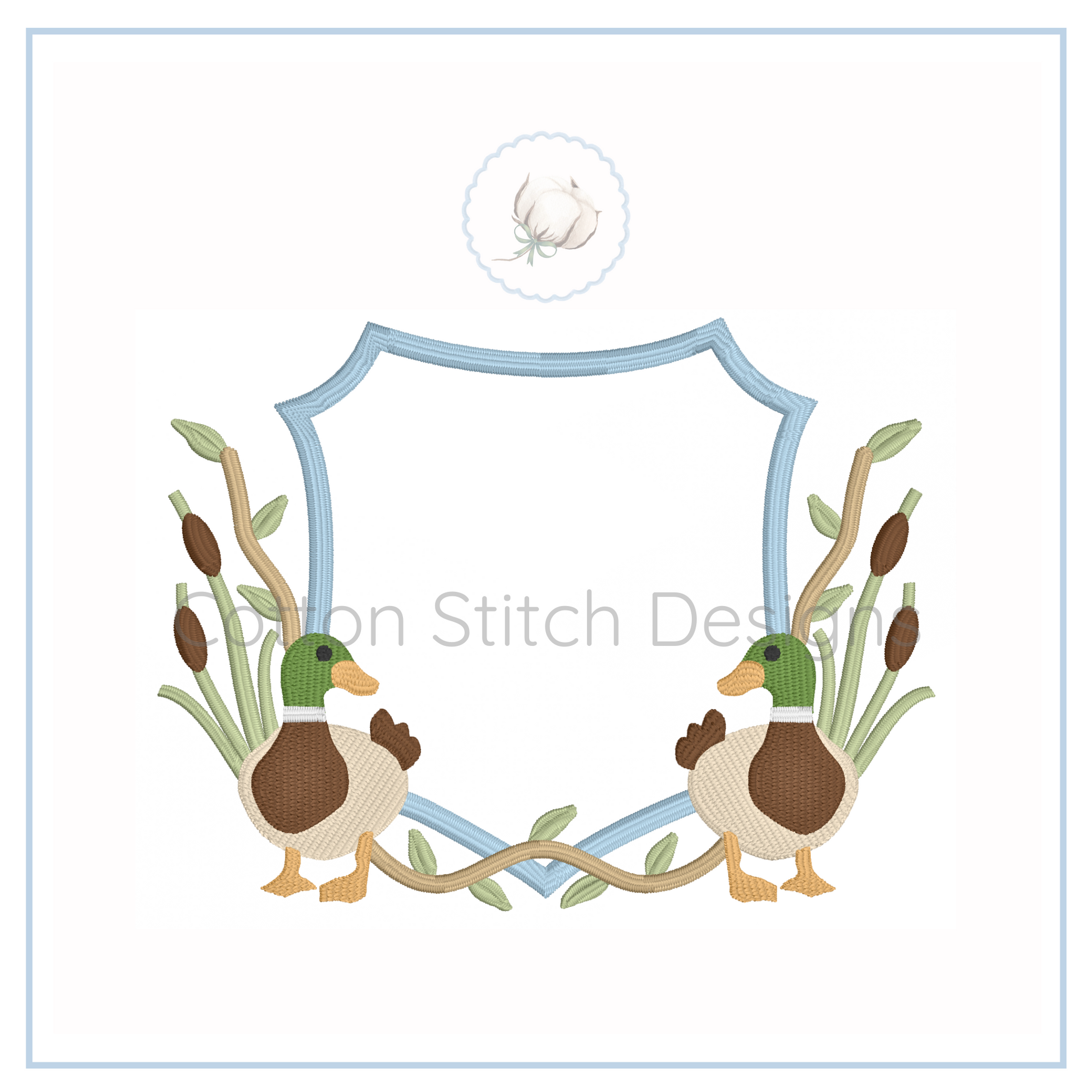 Machine Embroidery design Cotton Stitch Designs Two ducks with reeds crest and a blue frame on a white background
