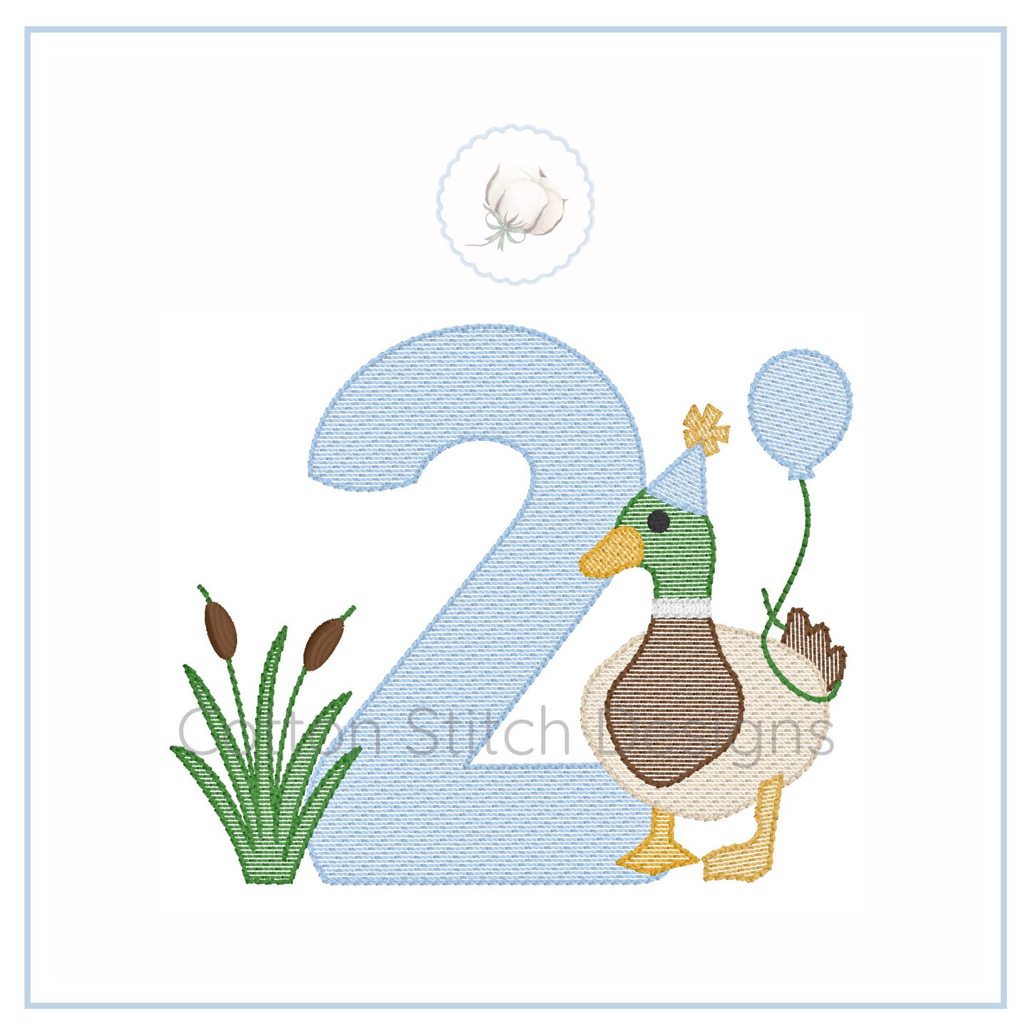 Machine Embroidery design Cotton Stitch Designs Embroidery design of a duck with a balloon next to the number 2 on a white background.