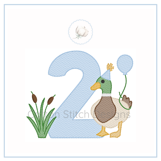 Machine Embroidery design Cotton Stitch Designs Embroidery design of a duck with a balloon next to the number 2 on a white background.