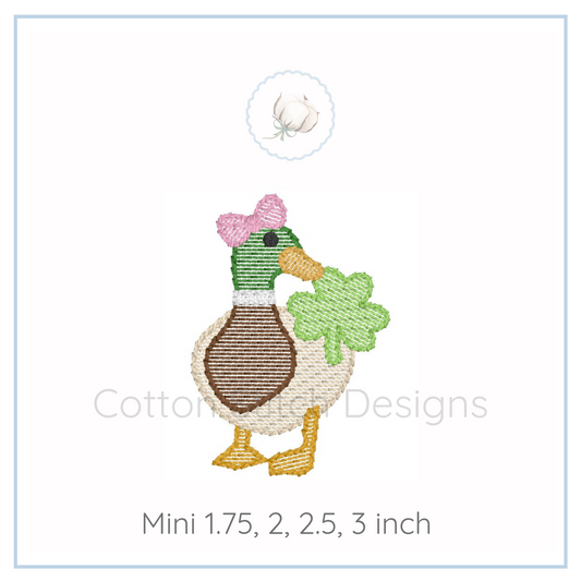 Machine Embroidery design Cotton Stitch Designs Embroidered duck design with a bow on a white background, featuring Cotton Designs branding.