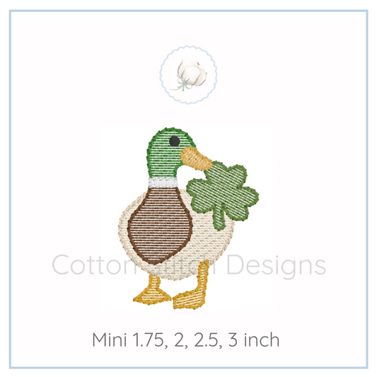 Machine Embroidery design Cotton Stitch Designs Embroidered duck design with shamrock on a white background, brand 'Cottonwood Designs' visible.