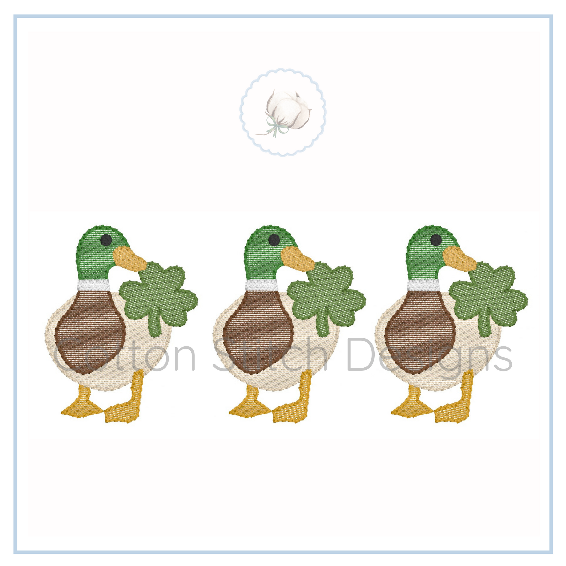 Machine Embroidery design Cotton Stitch Designs Three cartoon ducks holding clover leaves on a white background