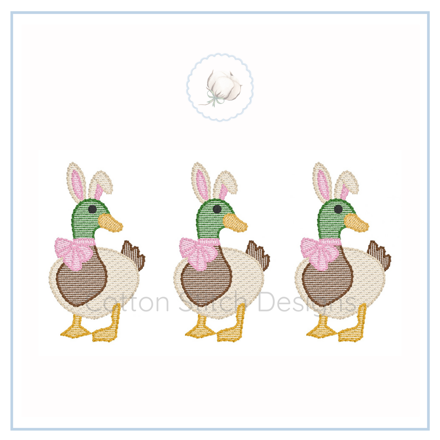Machine Embroidery design Cotton Stitch Designs Three cartoon ducks with bunny ears and pink bows on a white background