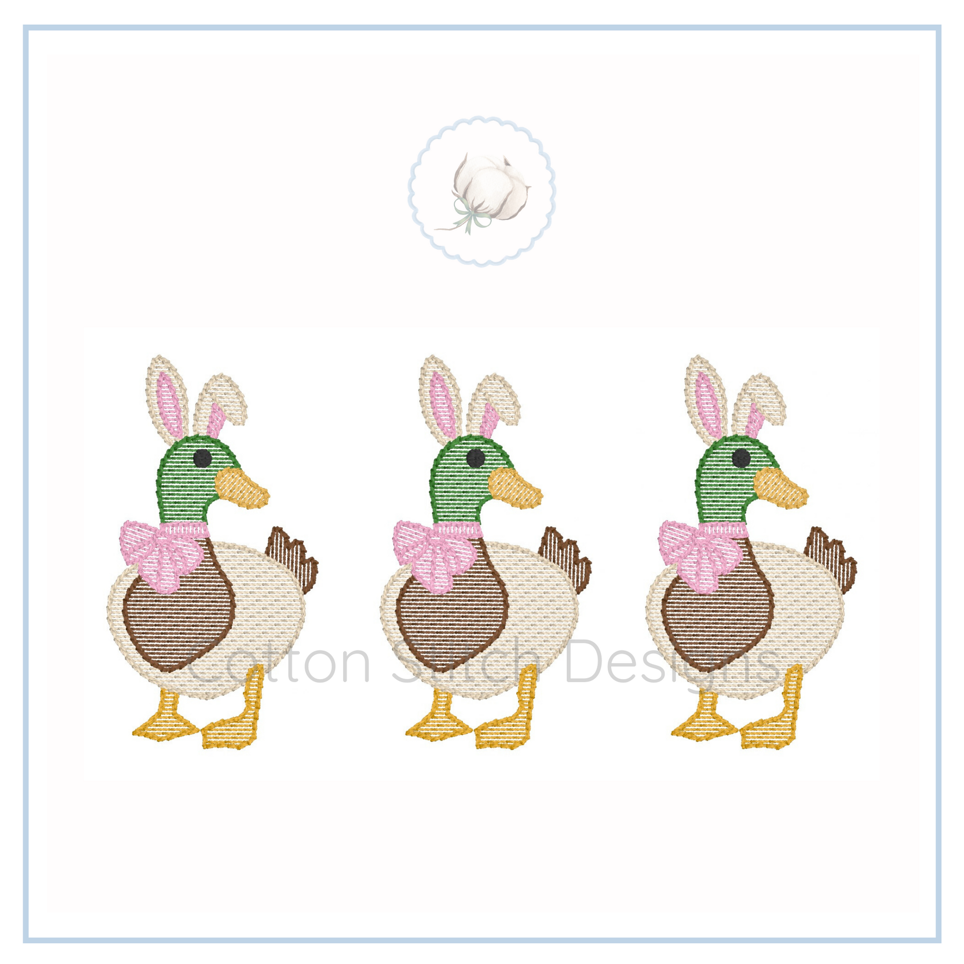 Machine Embroidery design Cotton Stitch Designs Three cartoon ducks with bunny ears and pink bows on a white background