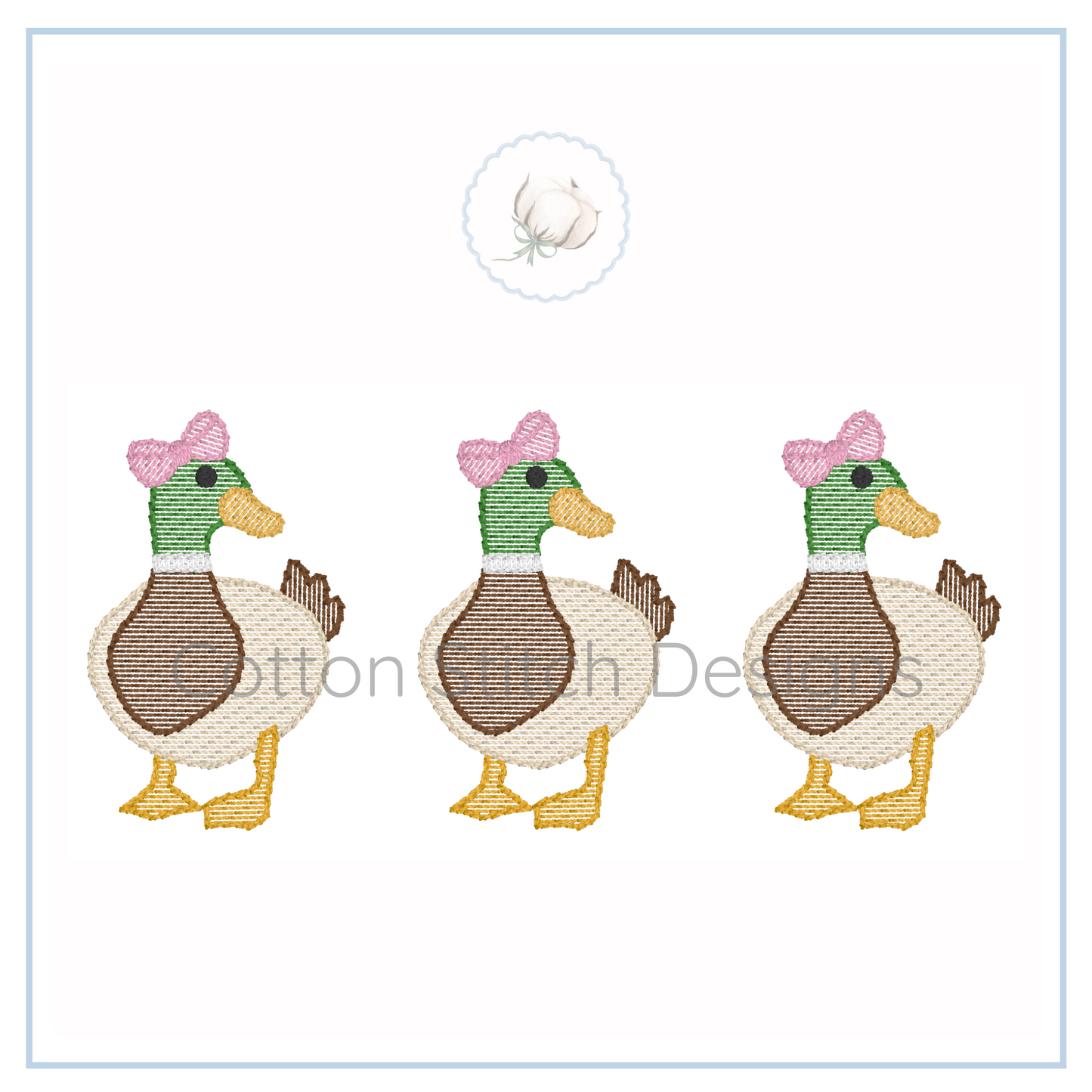 Machine Embroidery design Cotton Stitch Designs Three embroidered ducks with pink bows on a white background