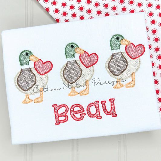 Valentine Mallard Duck Heart Trio Embroidery Design